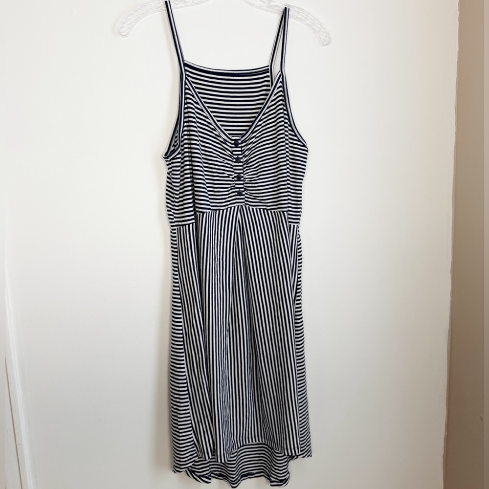 Angel Maternity Blue and White Hi/Lo Striped Dress with Buttons at Bust